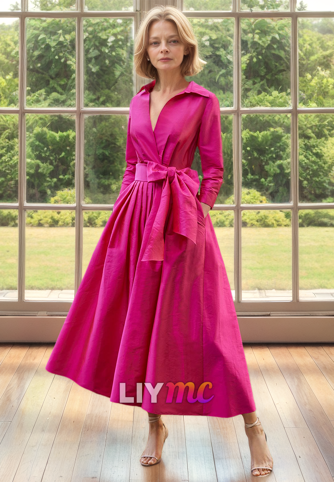 V-Neck Long Sleeevs Pleated A-Line Mother of Bride Dress