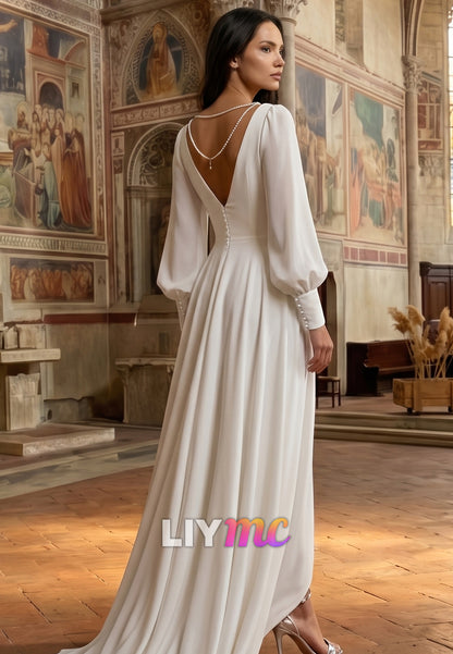 V-Neck Long Sleeves A-Line Beach Wedding Dress