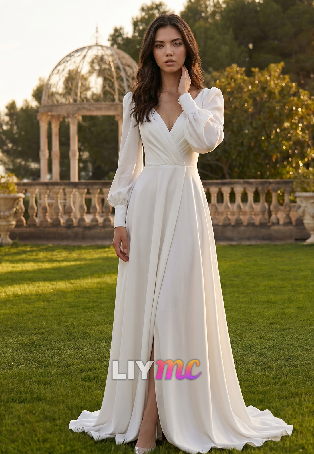 V-Neck Long Sleeves A-Line Beach Wedding Dress