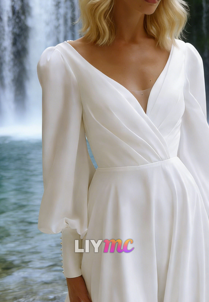 V-Neck Long Sleeves A-Line Simple Beach Wedding Dress