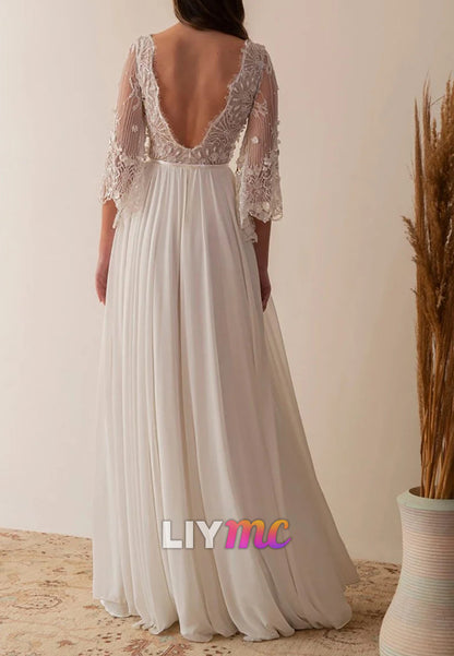 V-Neck Long Sleeves Appliques A-Line Beach Wedding Dress