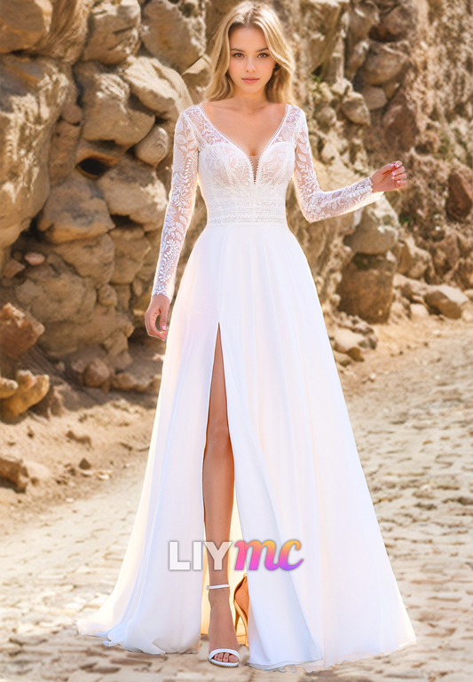 V-Neck Long Sleeves Appliques A-Line Beach Wedding Dress