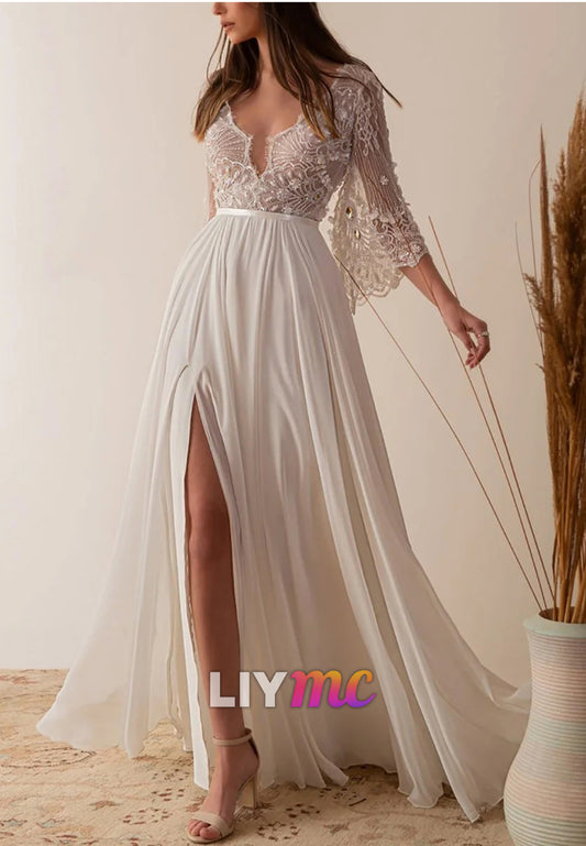V-Neck Long Sleeves Appliques A-Line Beach Wedding Dress