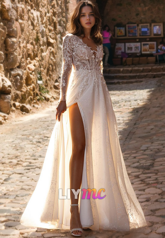 V-Neck Long Sleeves Appliques A-Line Boho Wedding Dress