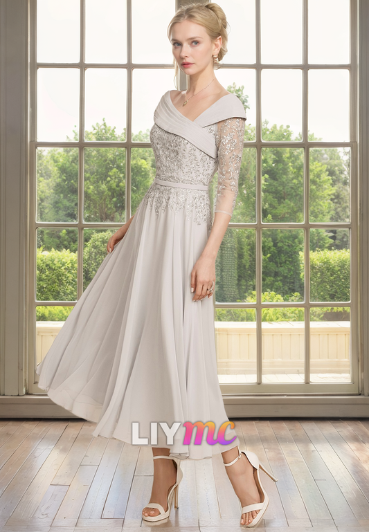 V-Neck Long Sleeves Appliques A-Line Pleated Chiffon Mother of Bride Dress Cocktail Dress