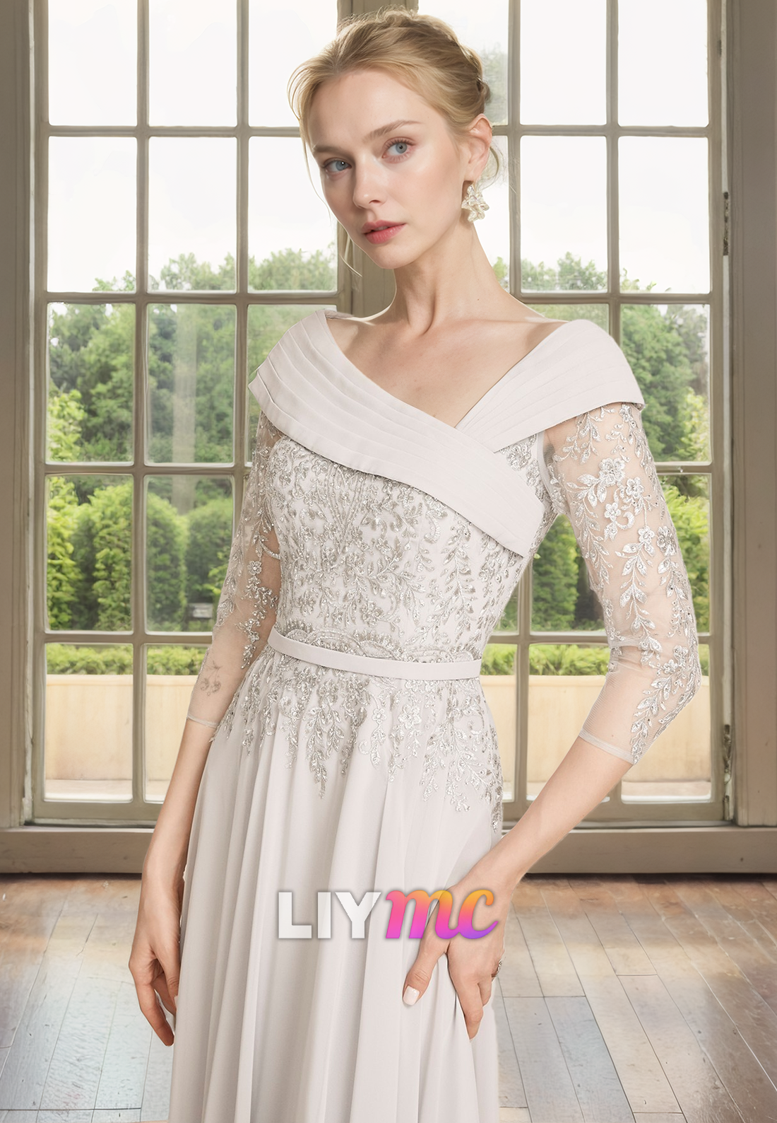 M1152 - Off-Shoulder Half Sleeves Appliques Pleated A-Line Mother of Bride Wedding Guest Dress