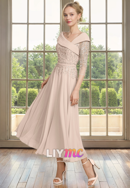 M1152 - Off-Shoulder Half Sleeves Appliques Pleated A-Line Mother of Bride Wedding Guest Dress