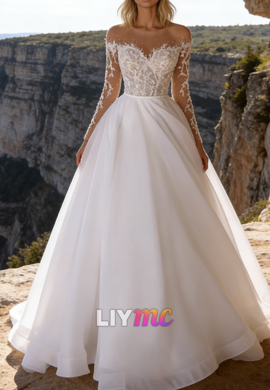 V-Neck Long Sleeves Appliques A-Line Wedding Dress