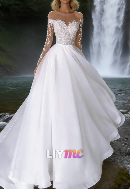 V-Neck Long Sleeves Appliques A-Line Wedding Dress