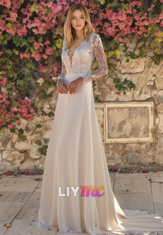 V-Neck Long Sleeves Appliques A-Line Wedding Dress