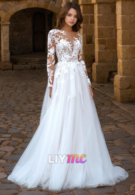 V-Neck Long Sleeves Appliques A-Line Wedding Dress