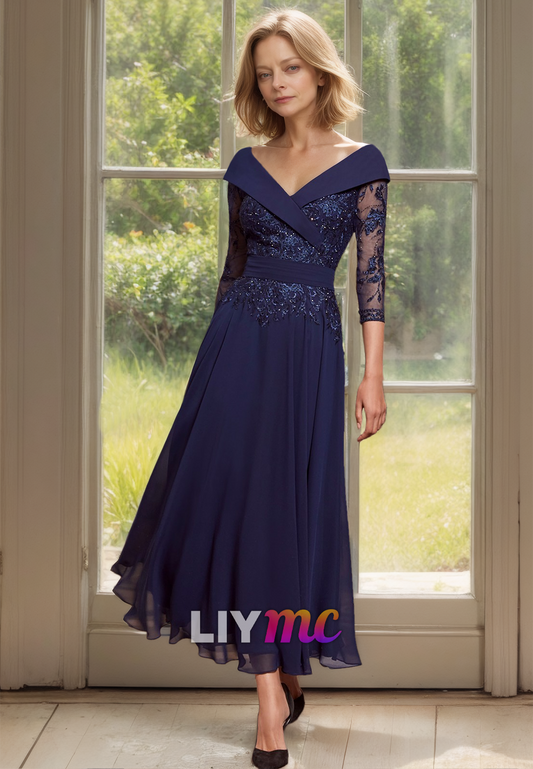 M1158 - V-Neck Long Sleeves Lace Appliques Pleated A-Line Mother of Bride Wedding Guest Dress