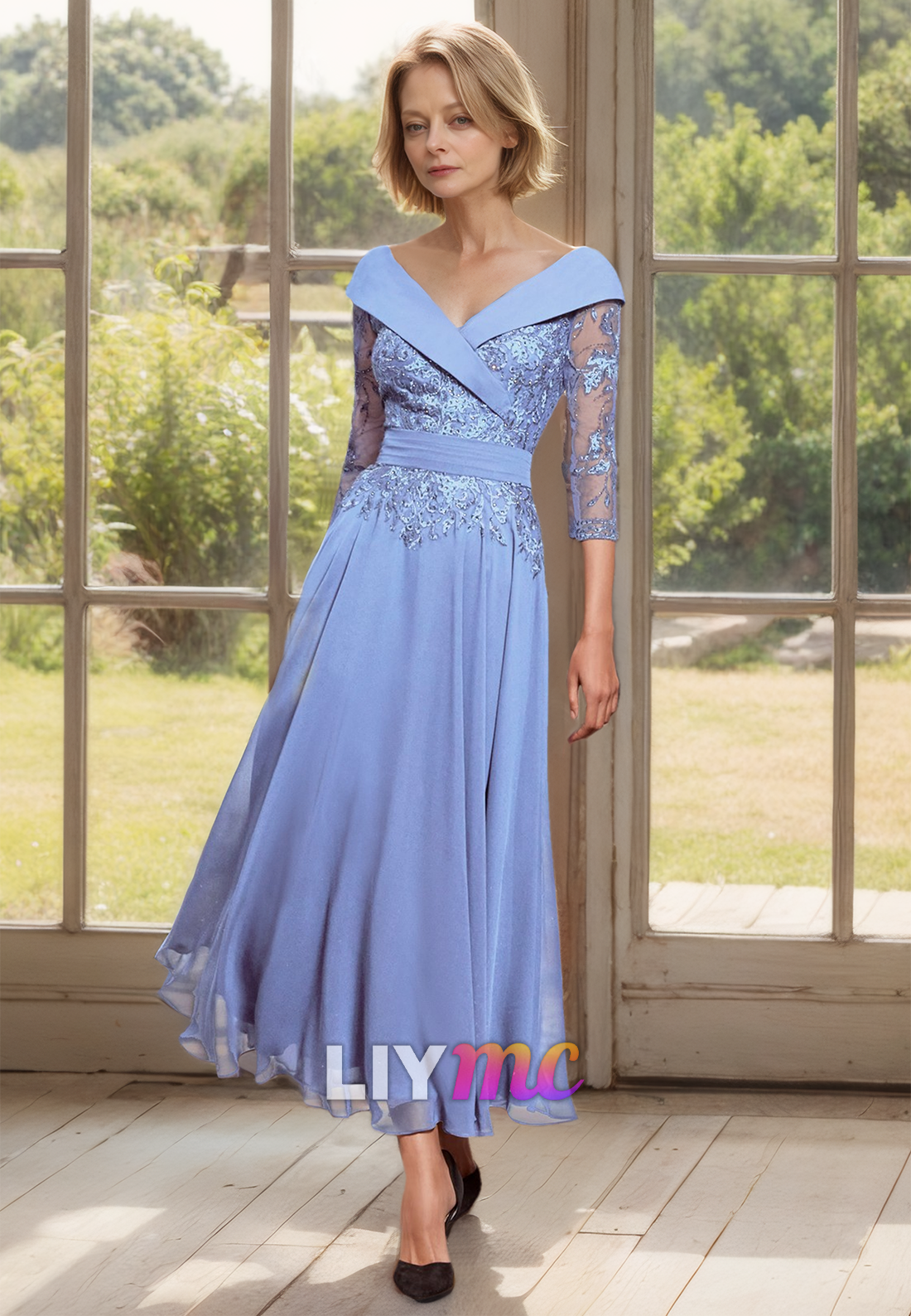 M1158 - V-Neck Long Sleeves Lace Appliques Pleated A-Line Mother of Bride Wedding Guest Dress