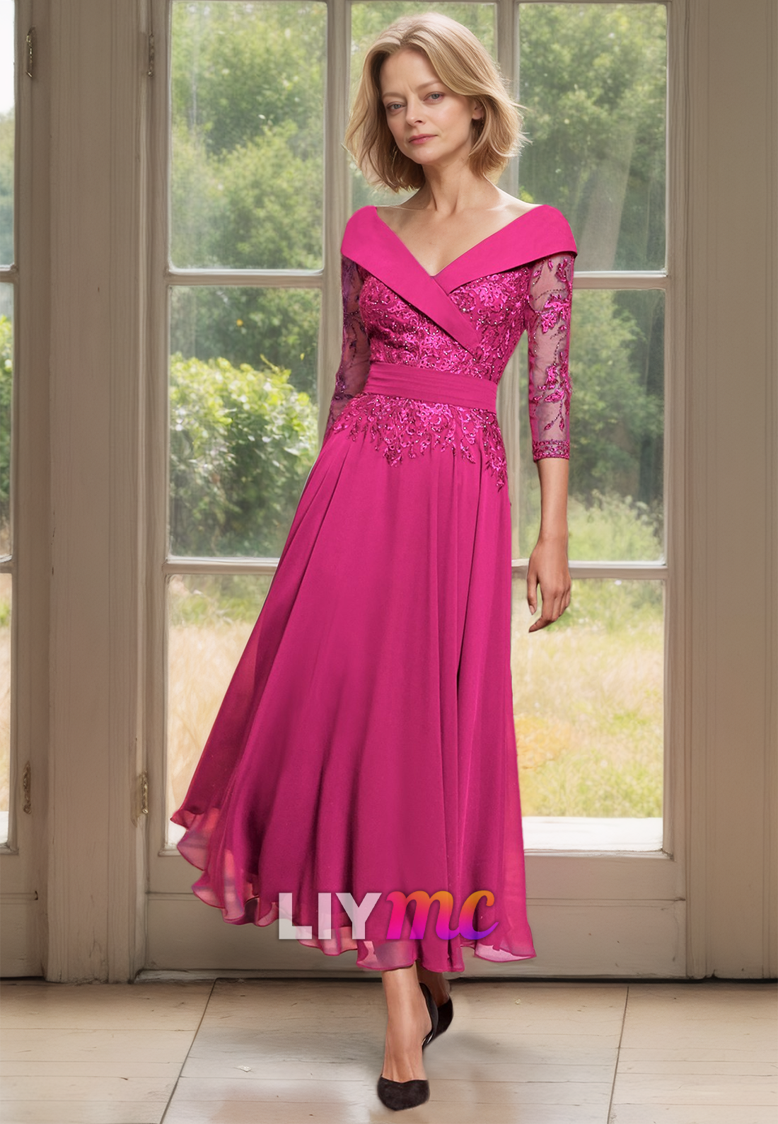 M1158 - V-Neck Long Sleeves Lace Appliques Pleated A-Line Mother of Bride Wedding Guest Dress