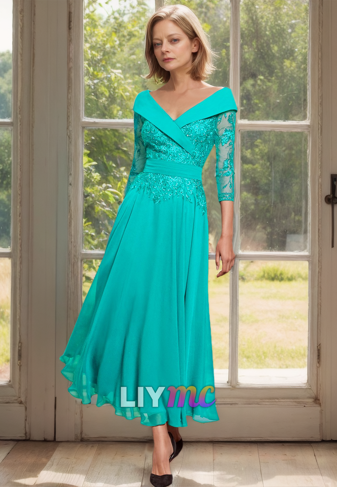 V-Neck Long Sleeves Appliques Chiffon A-Line Mother of Bride Dress