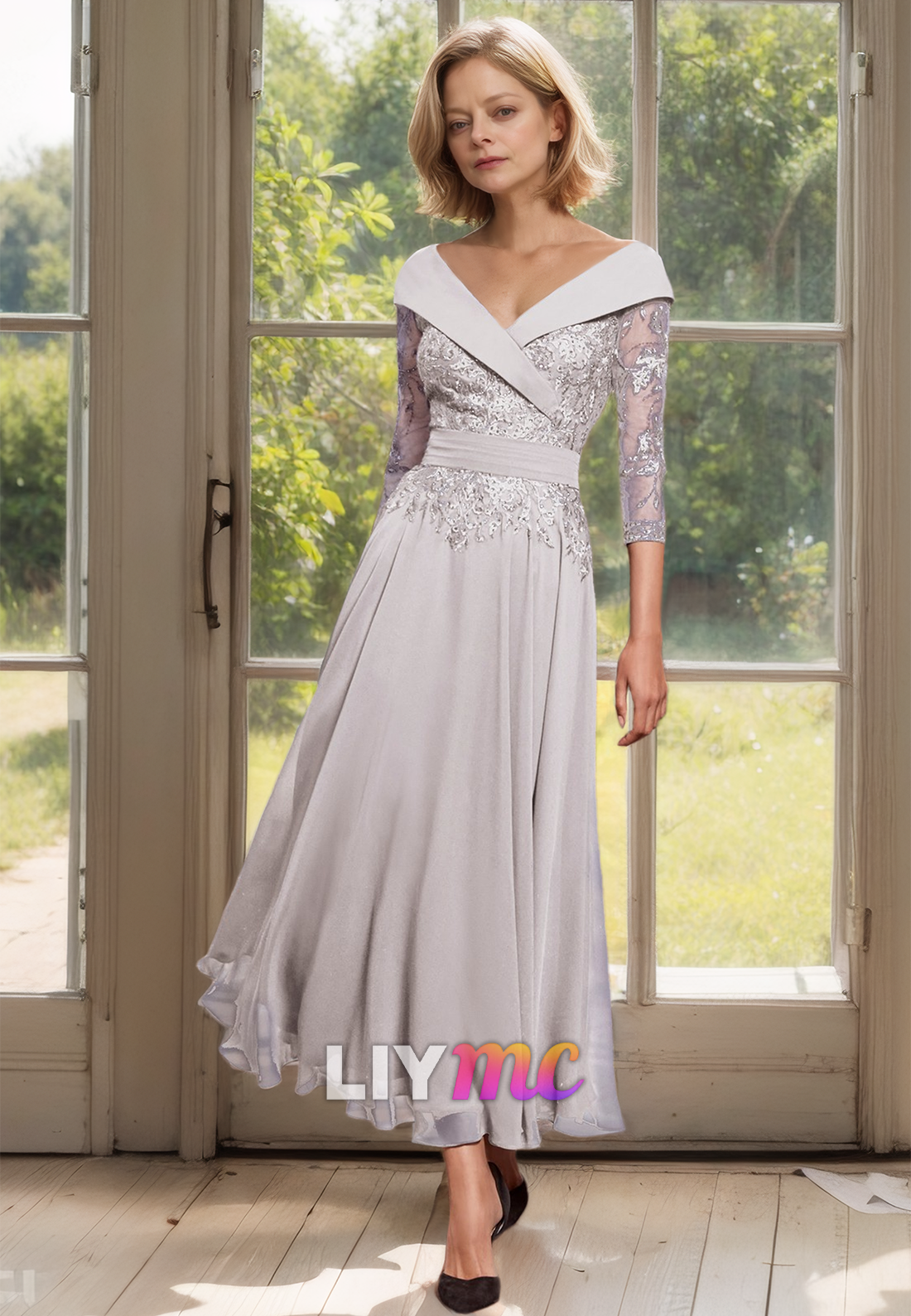 M1158 - V-Neck Long Sleeves Lace Appliques Pleated A-Line Mother of Bride Wedding Guest Dress