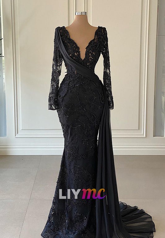 V-Neck Long Sleeves Appliques Fitted Mermaid Evening Dress