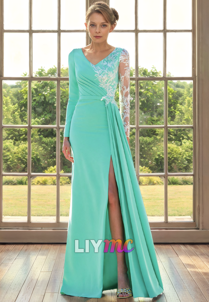 V-Neck Long Sleeves Appliques High Slit Mother of Bride Dress Cocktail Dress