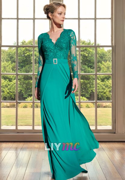 V-Neck Long Sleeves Appliques Long Mother of Bride Dress Cocktail Dress