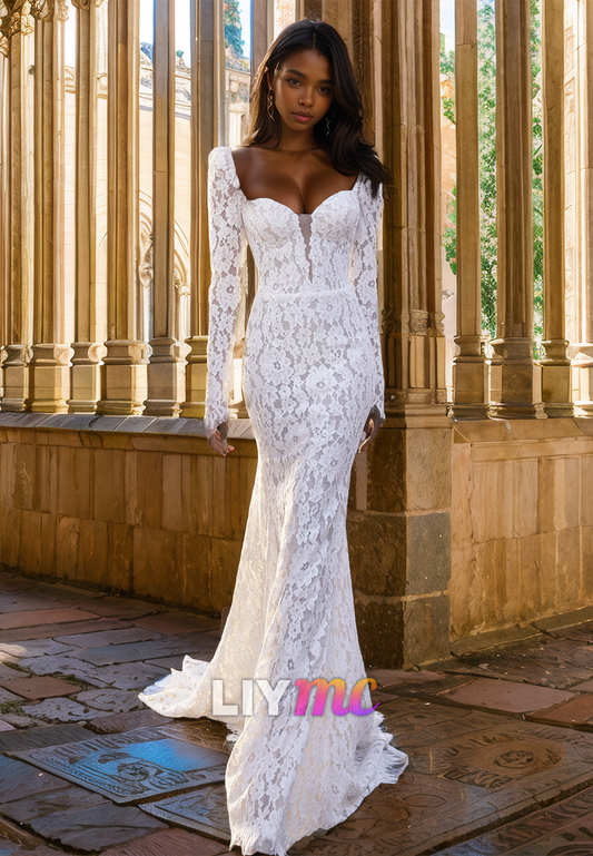 V-Neck Long Sleeves Appliques Mermaid Beach Wedding Dress