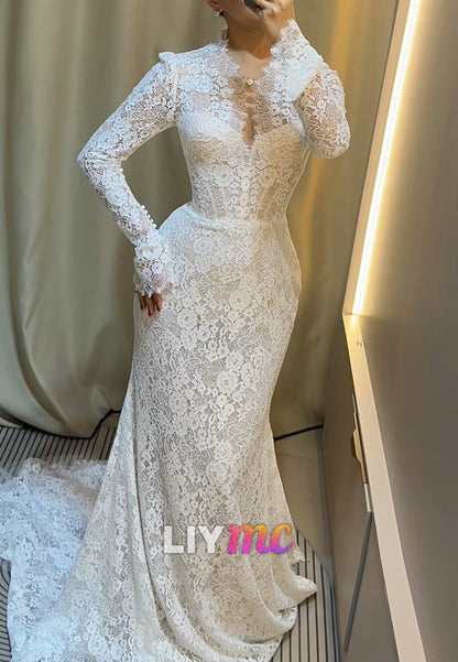 V-Neck Long Sleeves Appliques Mermaid Lace Wedding Dress