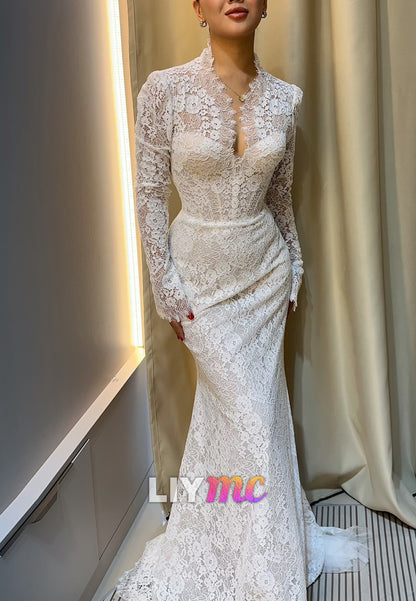 V-Neck Long Sleeves Appliques Mermaid Lace Wedding Dress