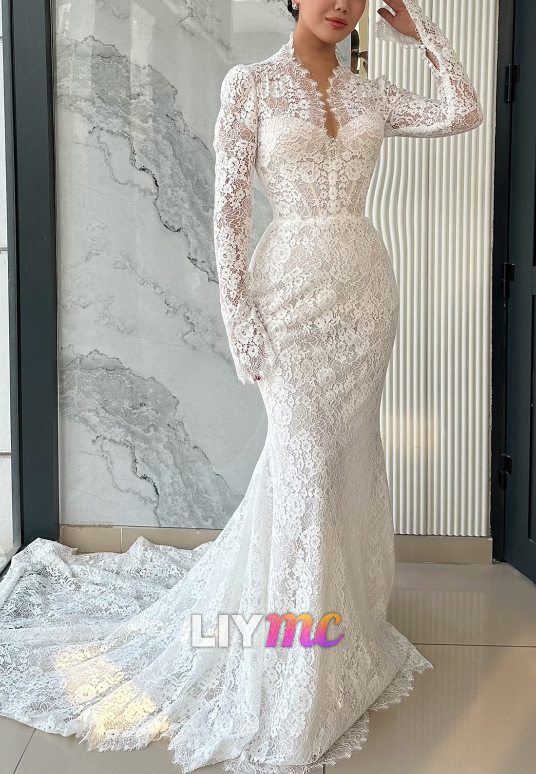 V-Neck Long Sleeves Appliques Mermaid Lace Wedding Dress