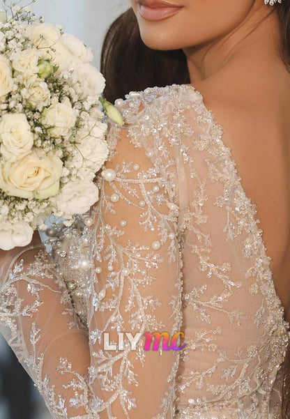 V-Neck Long Sleeves Appliques Mermaid Wedding Dress