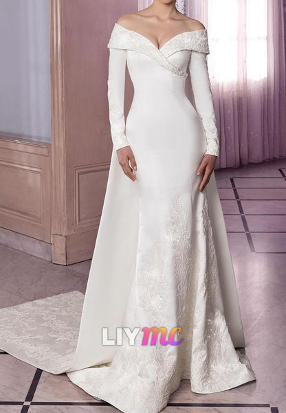 V-Neck Long Sleeves Appliques Mermaid Wedding Dress