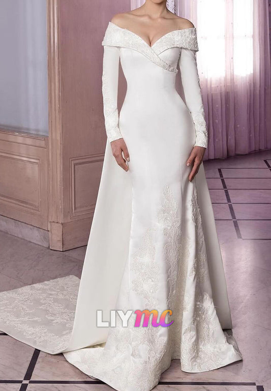 V-Neck Long Sleeves Appliques Mermaid Wedding Dress