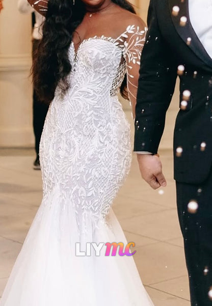 V-Neck Long Sleeves Appliques Mermaid Wedding Dress