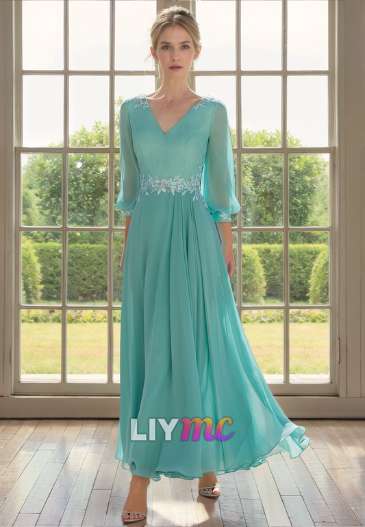 V-Neck Long Sleeves Appliques Pleated A-Line Chiffon Mother of Bride Dress Cocktail Dress