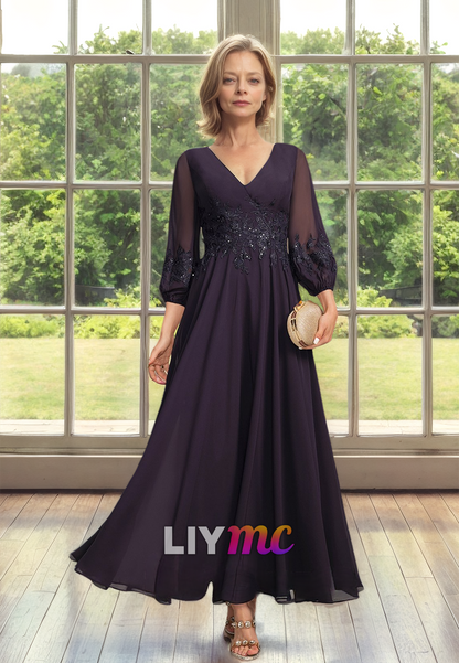 V-Neck Long Sleeves Appliques Pleated A-Line Chiffon Mother of Bride Dress