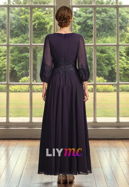 V-Neck Long Sleeves Appliques Pleated A-Line Chiffon Mother of Bride Dress