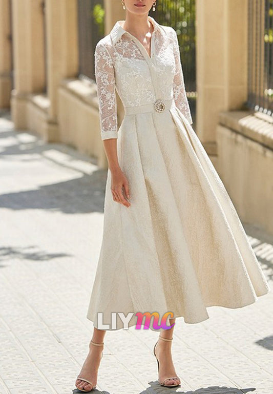 V-Neck Long Sleeves Appliques Pleated A-Line Mother of Bride Dress