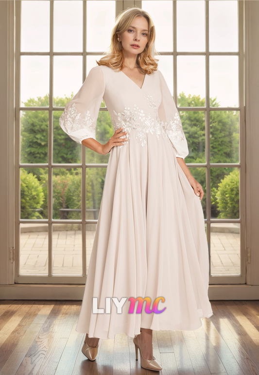 V-Neck Long Sleeves Appliques Pleated A-Line Sleek Satin Mother of Bride Dress