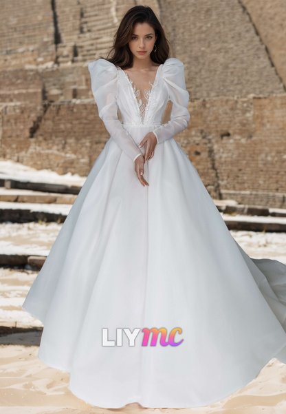 V-Neck Long Sleeves Appliques Pleated A-Line Wedding Dress