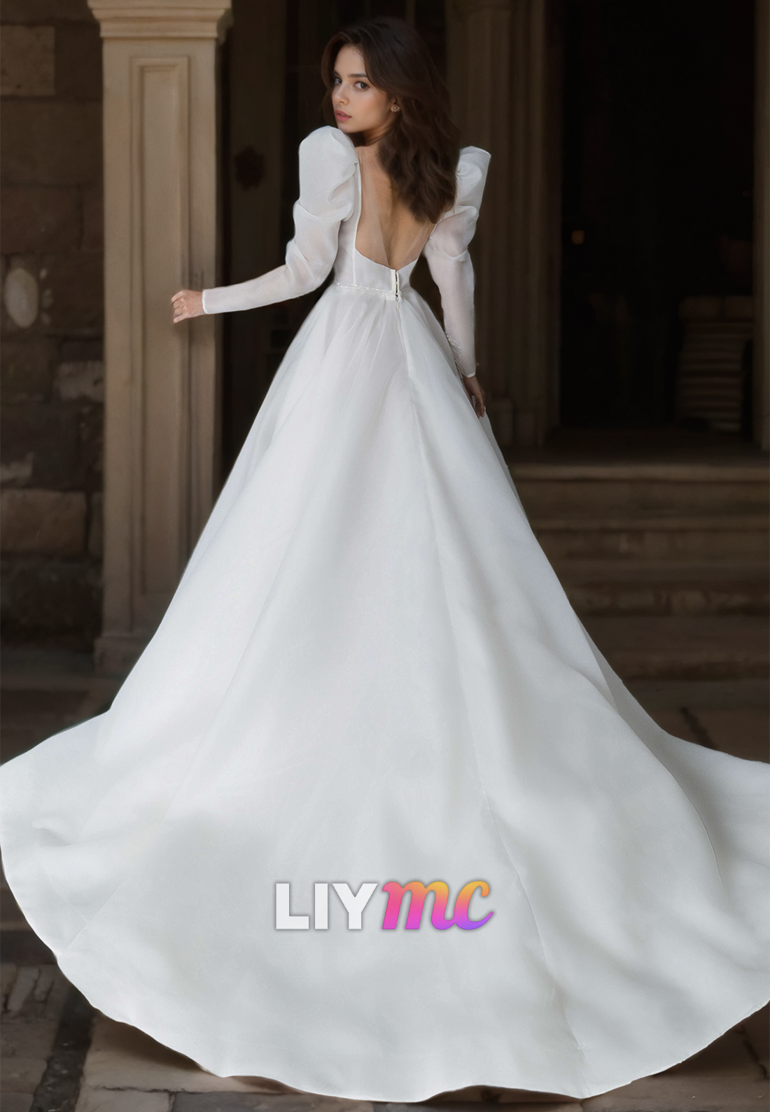 V-Neck Long Sleeves Appliques Pleated A-Line Wedding Dress