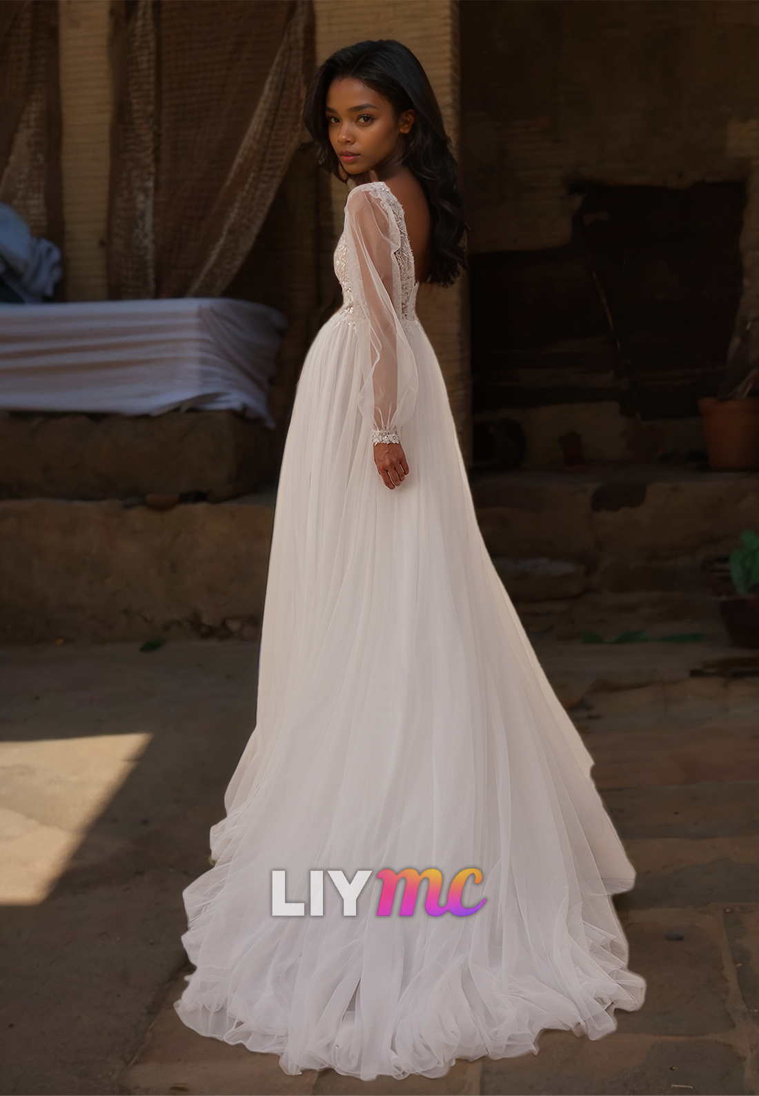 V-Neck Long Sleeves Appliques Pleated A-Line Wedding Dress