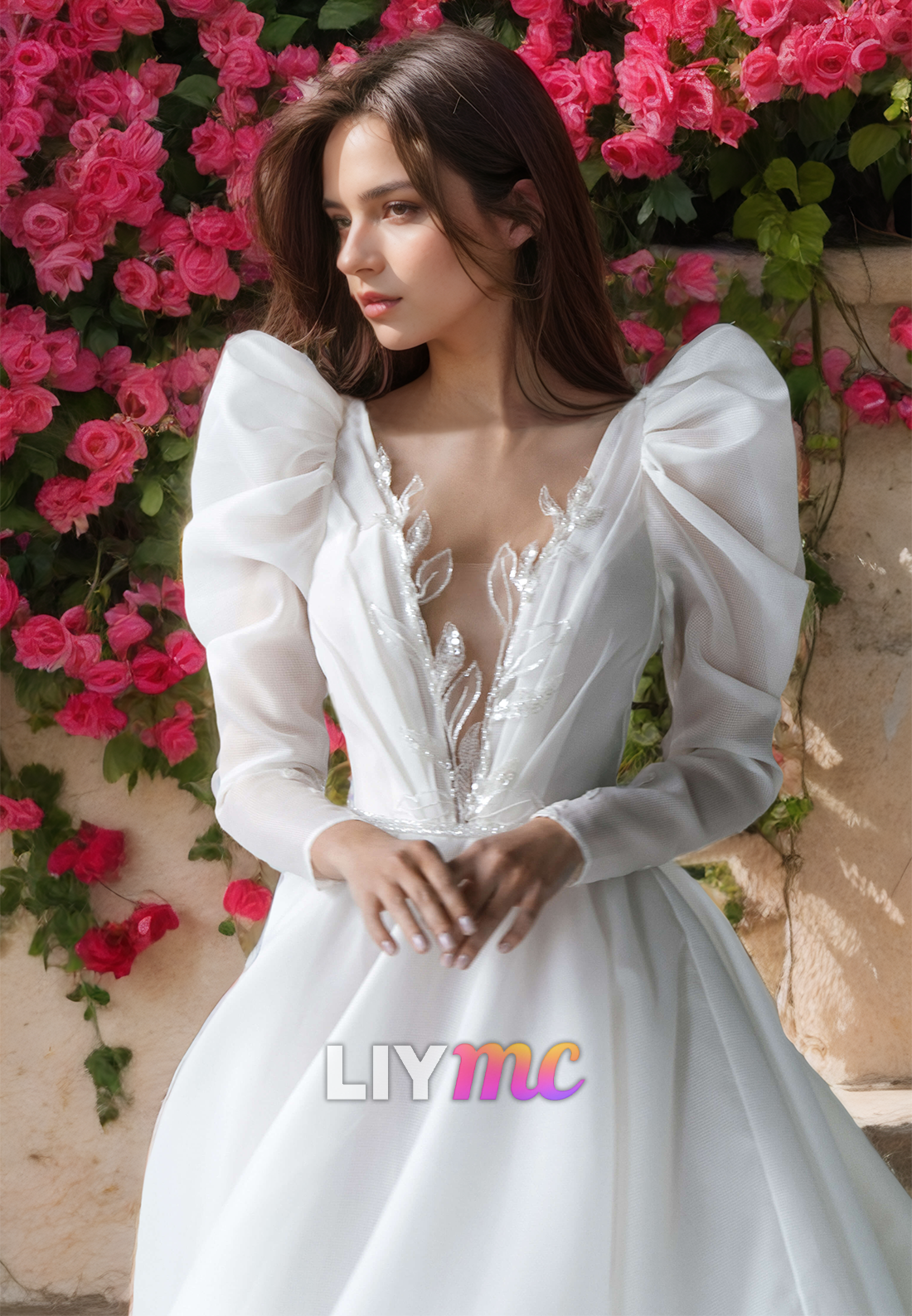 V-Neck Long Sleeves Appliques Pleated A-Line Wedding Dress