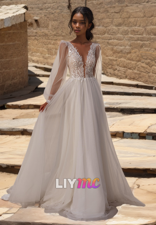 V-Neck Long Sleeves Appliques Pleated A-Line Wedding Dress