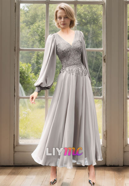 V-Neck Long Sleeves Appliques Pleated Chiffon A-Line Mother of Bride Dress