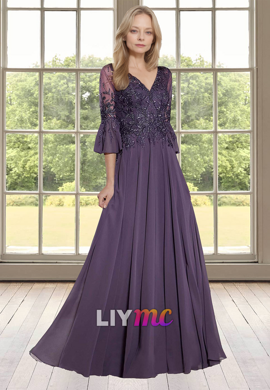 V-Neck Long Sleeves Appliques Pleated Chiffon A-Line Prom Dress