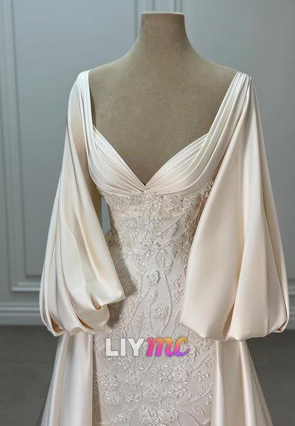 V-Neck Long Sleeves Appliques Pleated Mermaid Wedding Dress