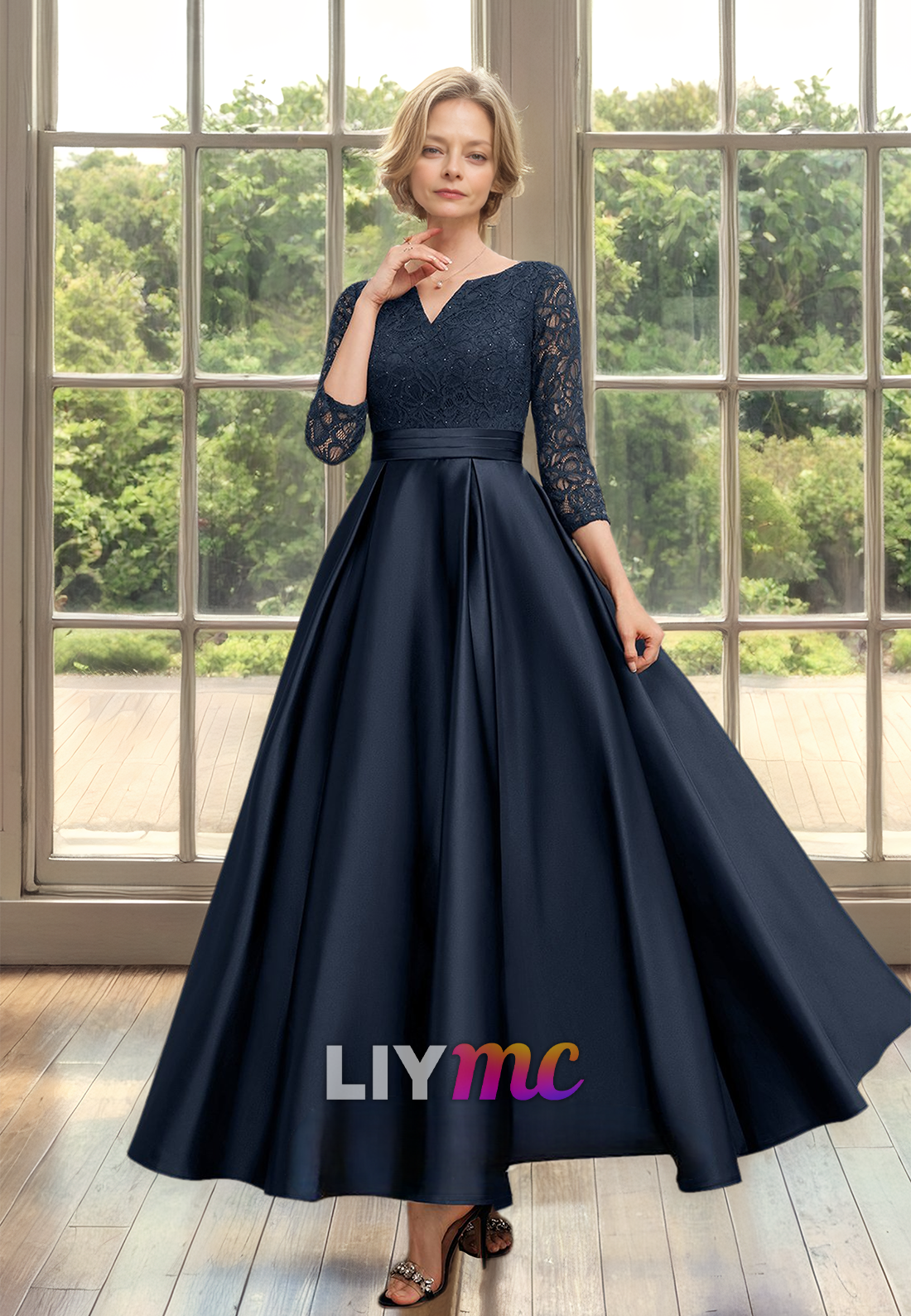 V-Neck Long Sleeves Appliques Pleated Satin A-Line Mother of Bride Dress