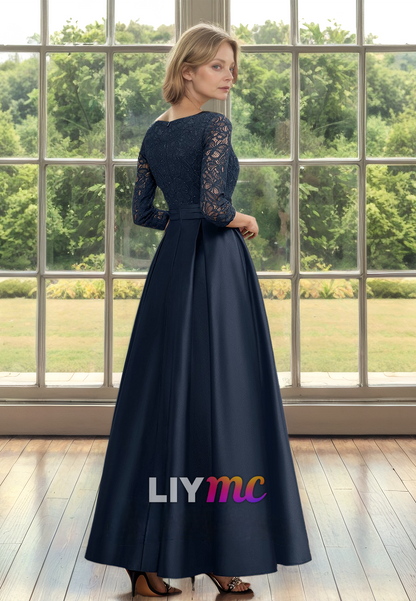 V-Neck Long Sleeves Appliques Pleated Satin A-Line Mother of Bride Dress