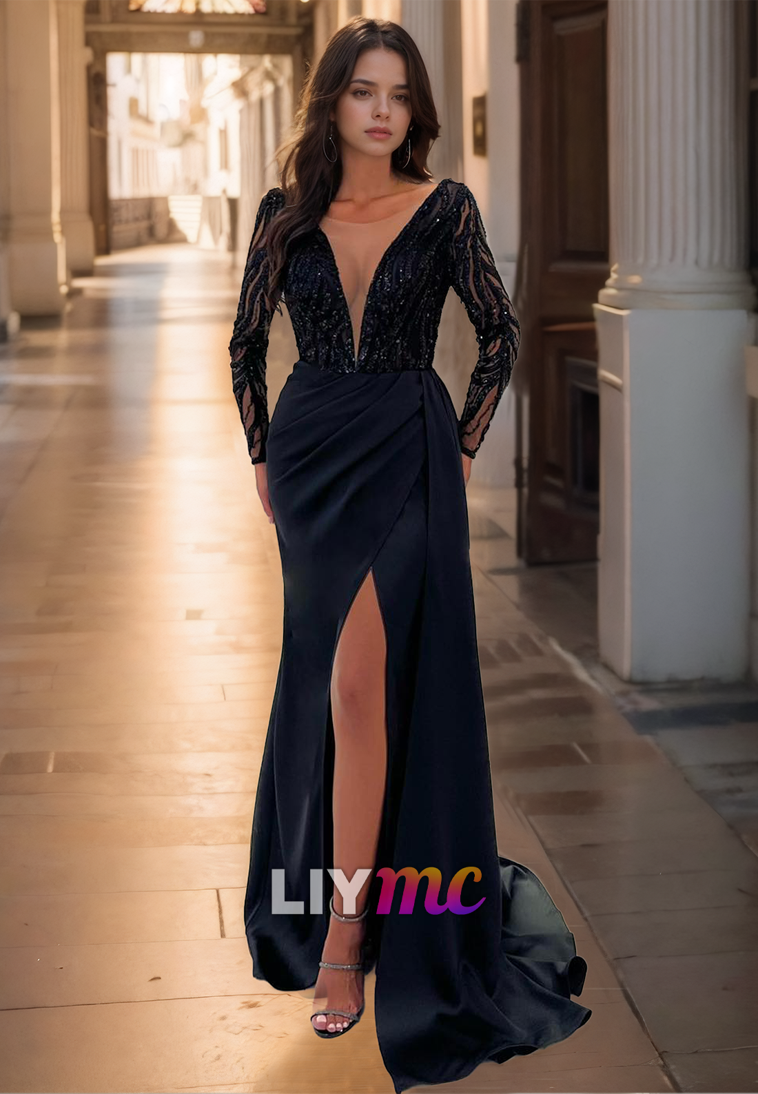 V-Neck Long Sleeves Appliques Ruched Side Slit Sheath Formal Dress