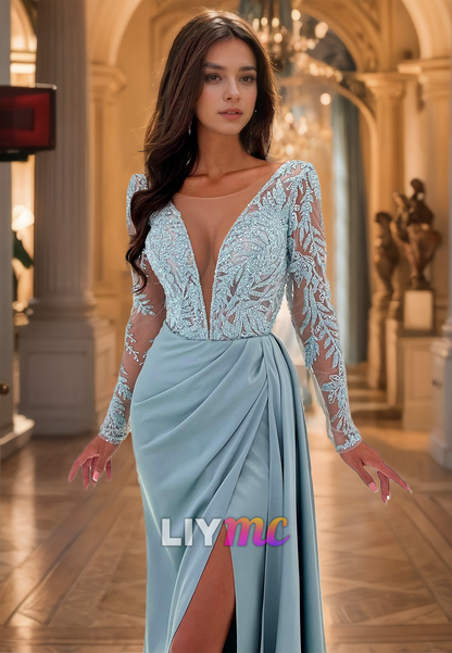 V-Neck Long Sleeves Appliques Ruched Side Slit Sheath Formal Dress