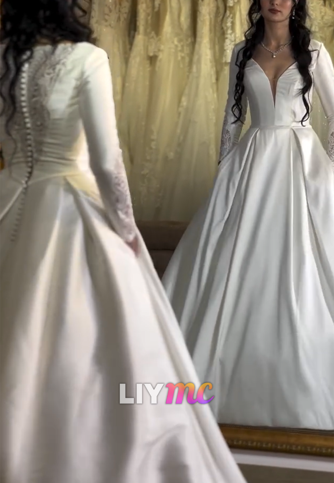 V-Neck Long Sleeves Appliques Satin A-Line Wedding Dress