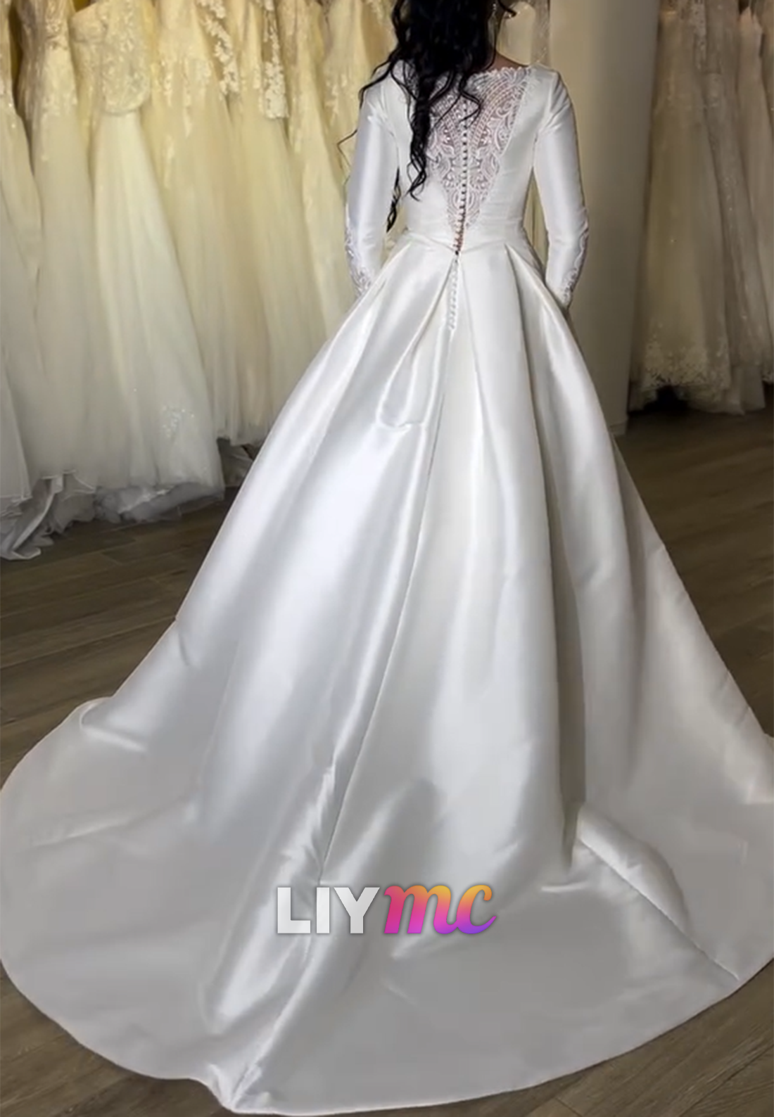 V-Neck Long Sleeves Appliques Satin A-Line Wedding Dress